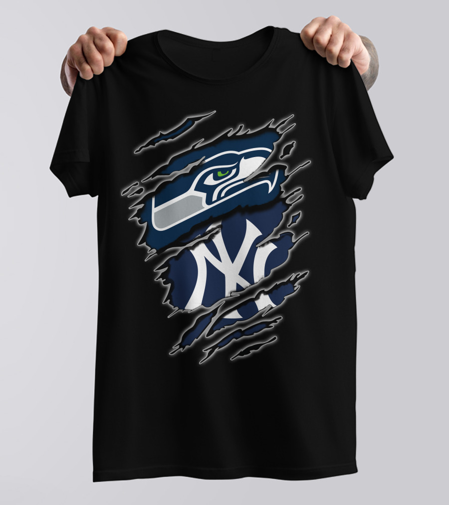 Seattle Seahawks New York Yankees Nfl Mlb Crossover Logo Fusion T-Shirt