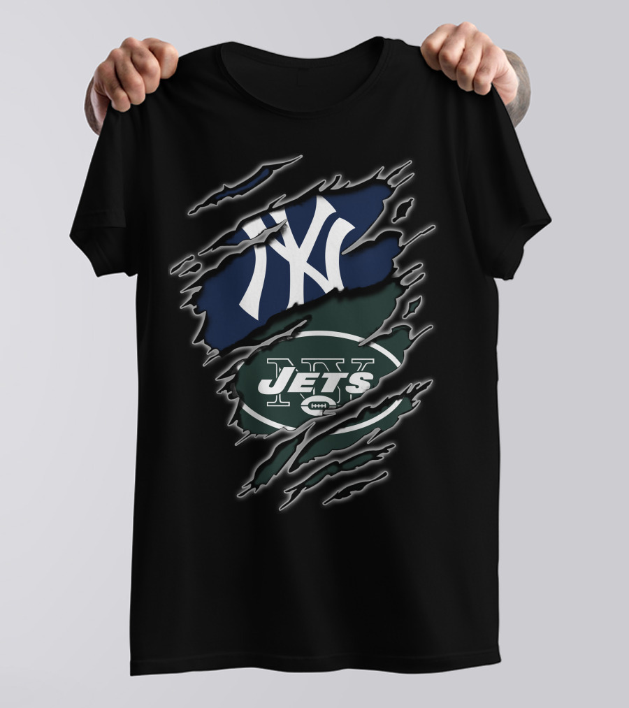 Yankees Jets Dual Logo Graphic With Torn Effect T-Shirt