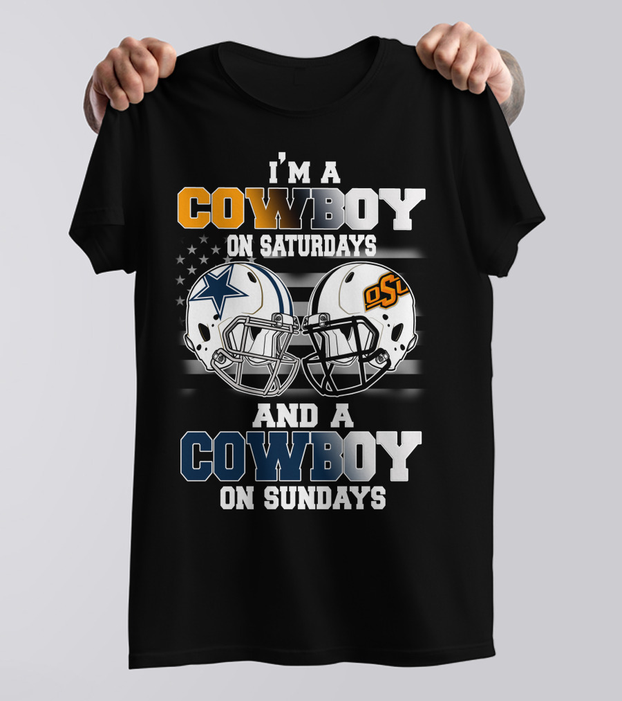 I'm A Cowboy Osu On Saturdays And A Cowboy On Sundays Football Helmets American Flag T-Shirt