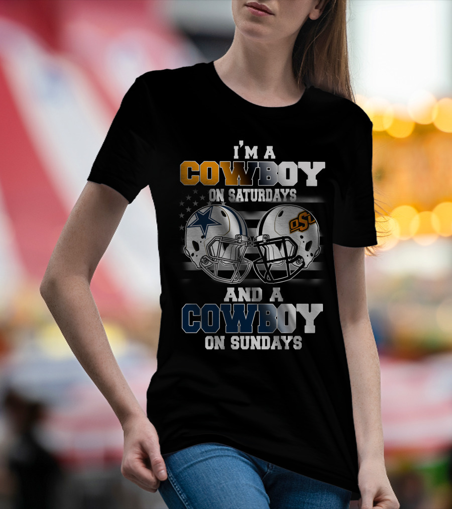 I'm A Cowboy Osu On Saturdays And A Cowboy On Sundays Football Helmets American Flag T-Shirt