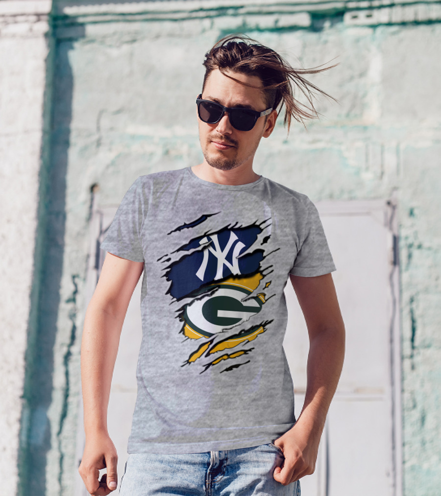 Packers Yankees Dual Logo Fusion With Ripped Effect T-Shirt