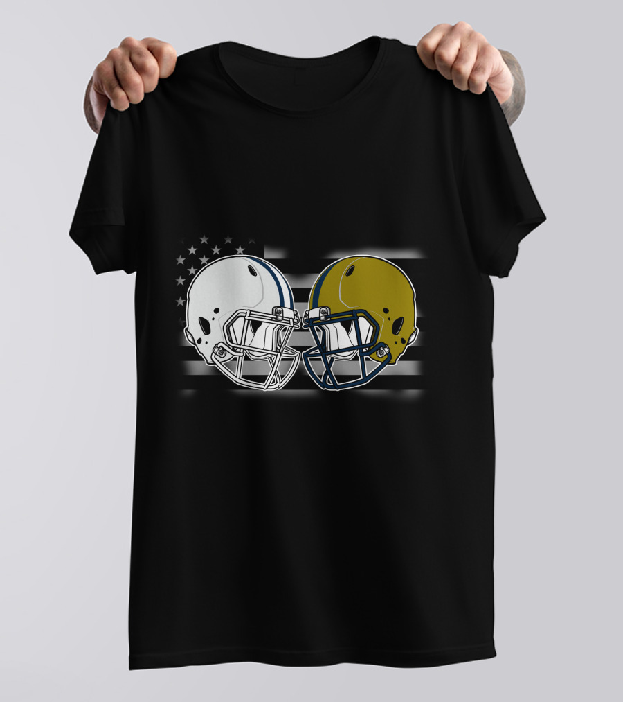 Notre Dame Vs. Penn State Football Helmet Clash With American Flag T-Shirt
