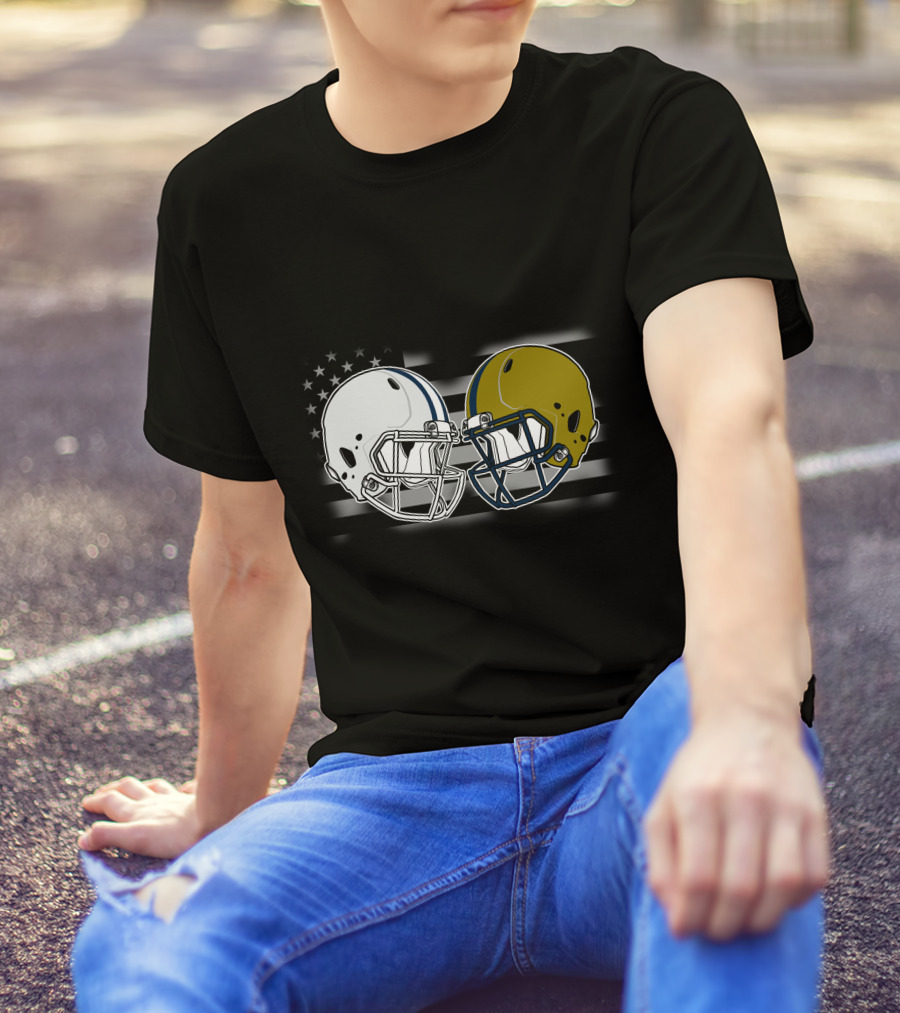 Notre Dame Vs. Penn State Football Helmet Clash With American Flag T-Shirt