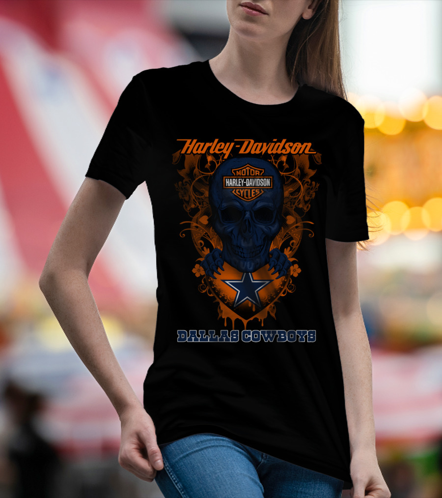 Harley Davidson Skull And Dallas Cowboys Blue Star T-Shirt