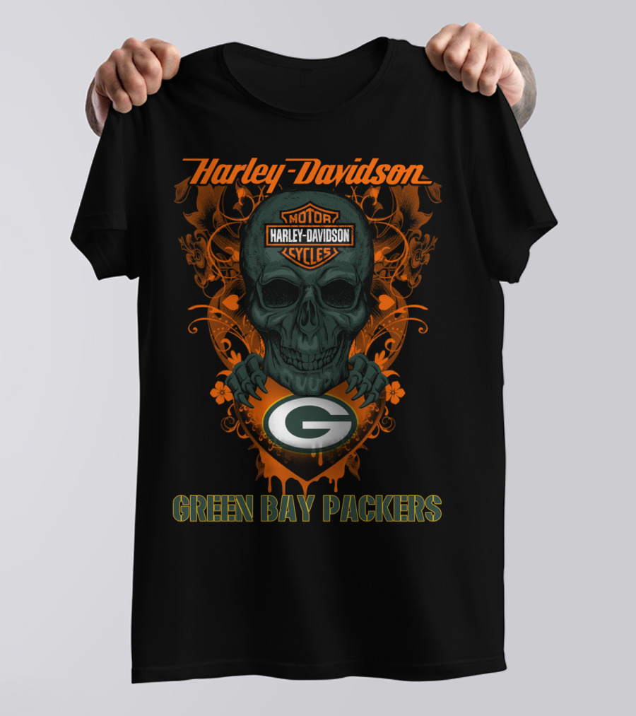 Harley Davidson Motor Cycles Skull Green Bay Packers T-Shirt
