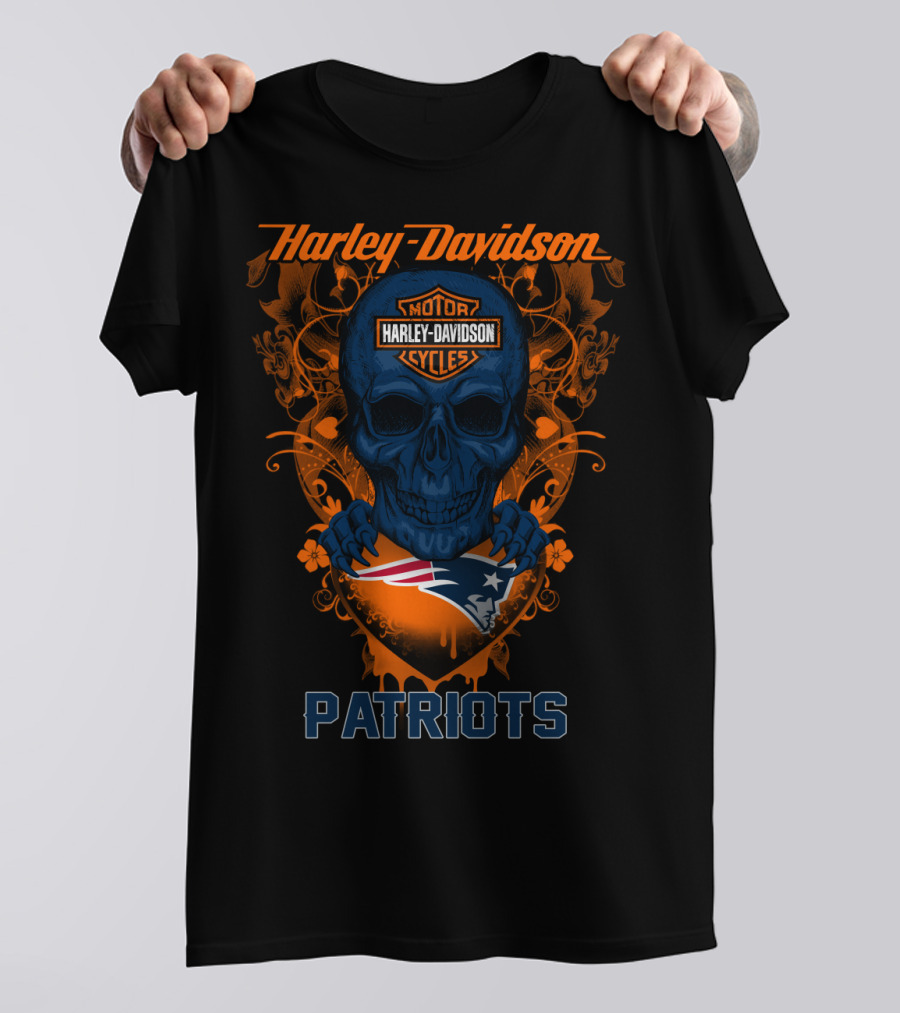 Harley Davidson Motorcycles Skull New England Patriots T-Shirt