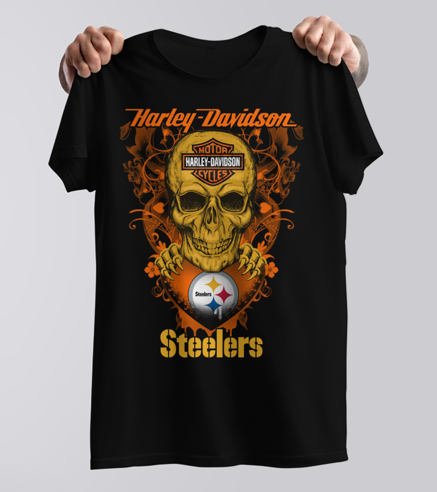 Harley Davidson Motorcycles Skull With Pittsburgh Steelers T-Shirt