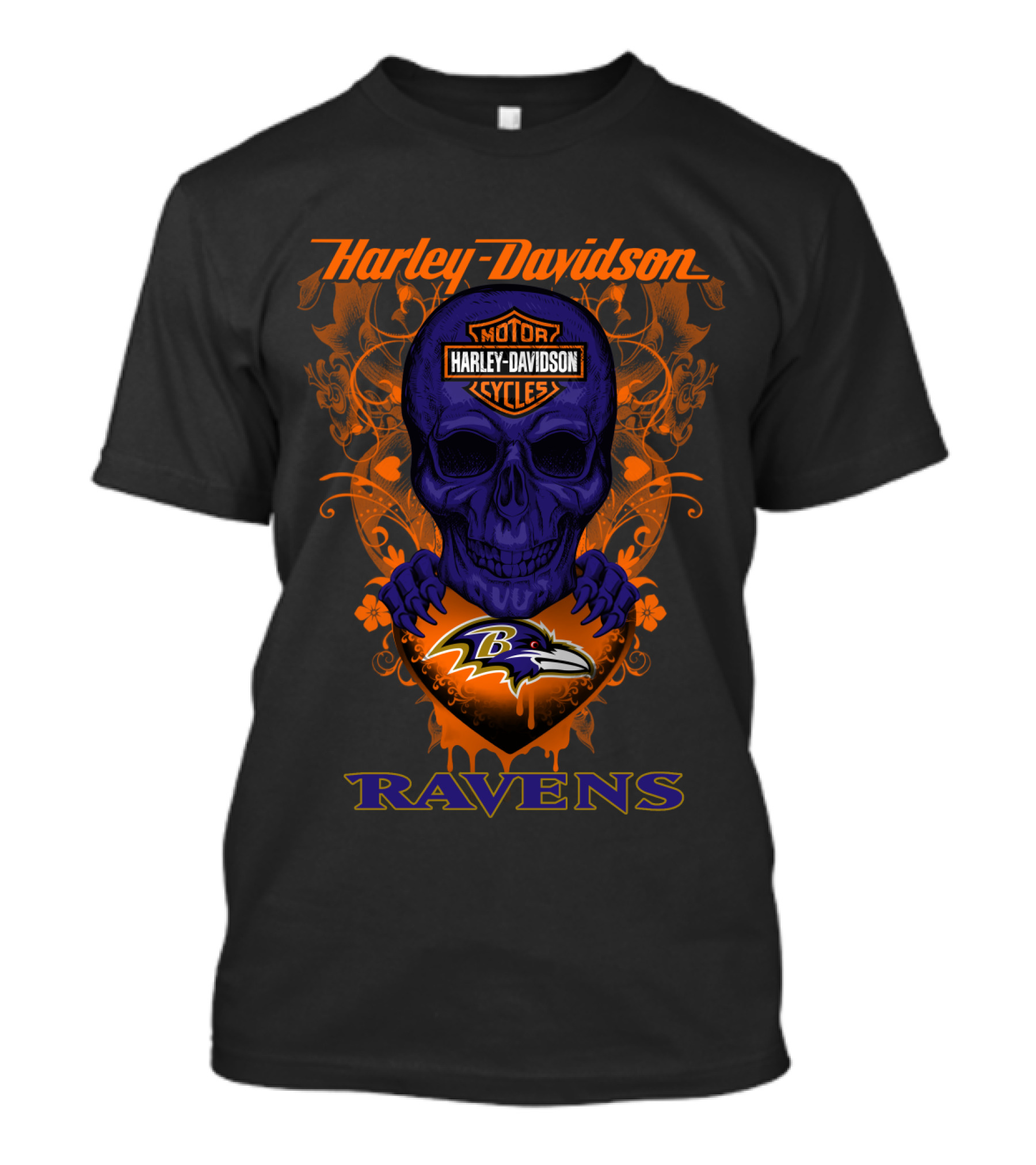 Harley Davidson Baltimore Ravens Skull Motor Cycles T-Shirt