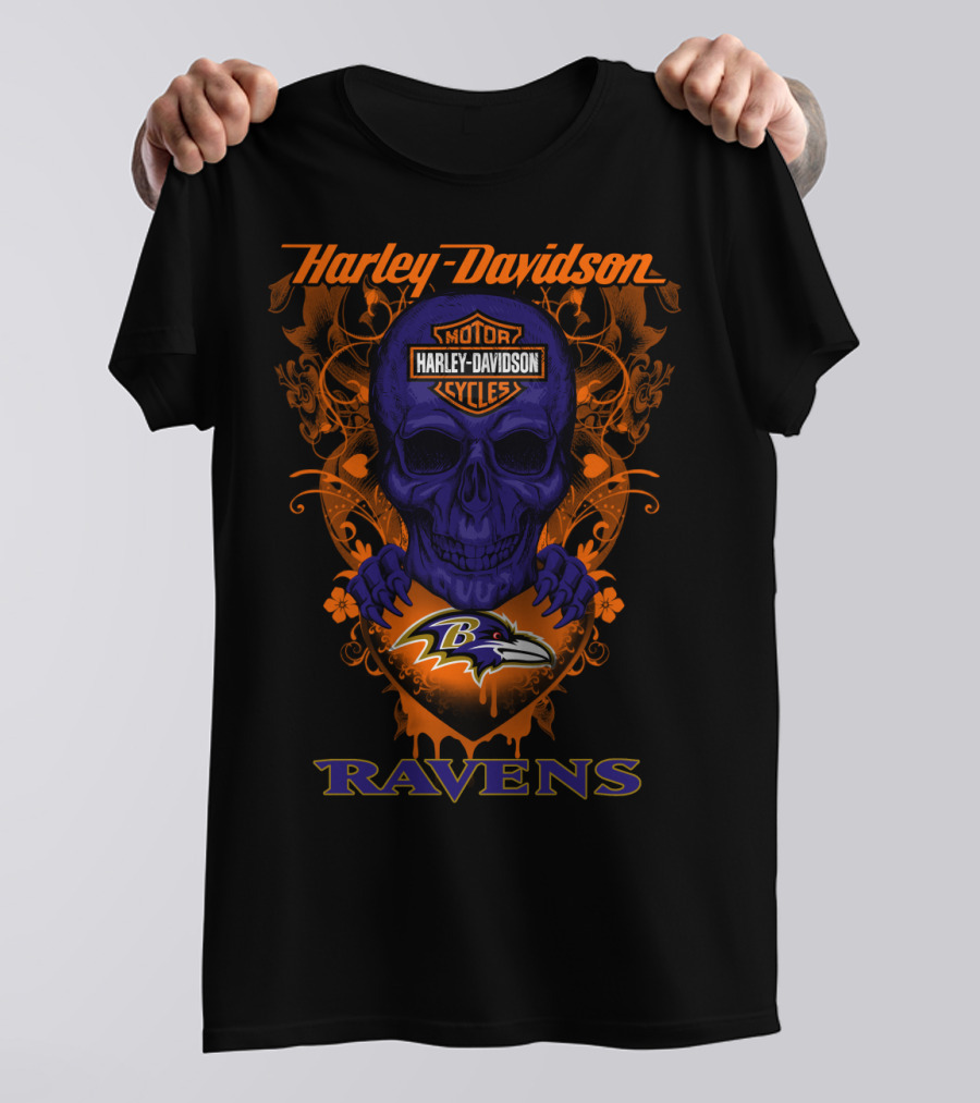 Harley Davidson Baltimore Ravens Skull Motor Cycles T-Shirt