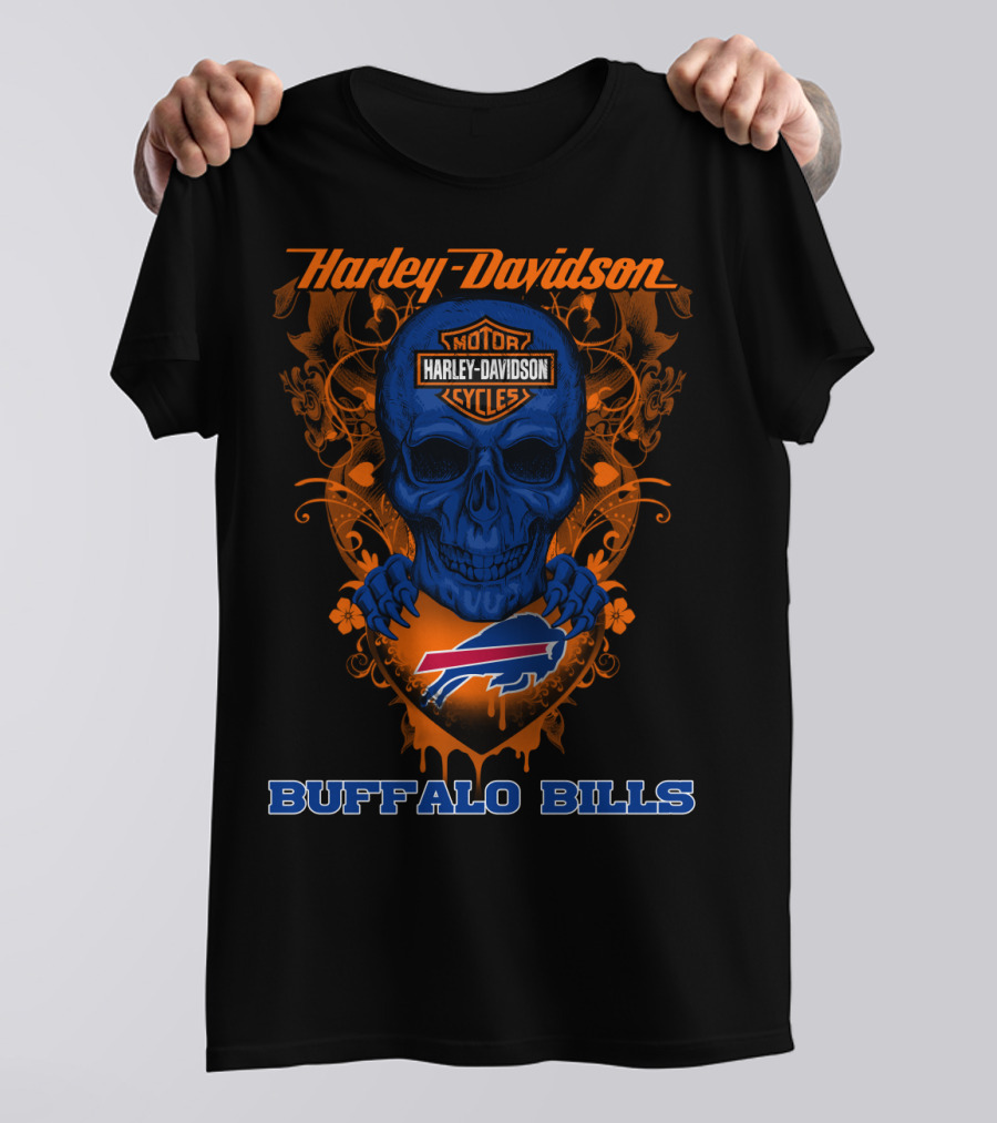 Harley Davidson Motorcycles Buffalo Bills Nfl Skull And Shield T-Shirt