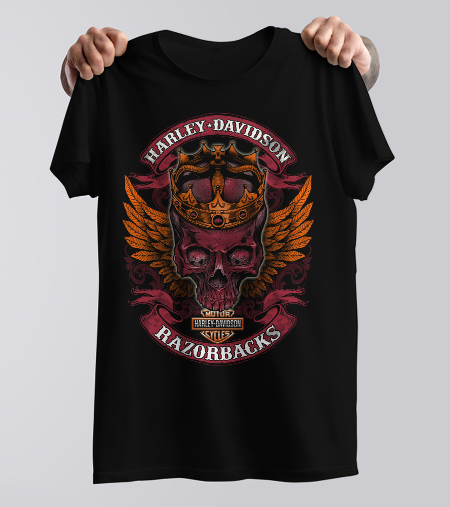 Harley Davidson Razorbacks Skull With Crown And Wings T-Shirt