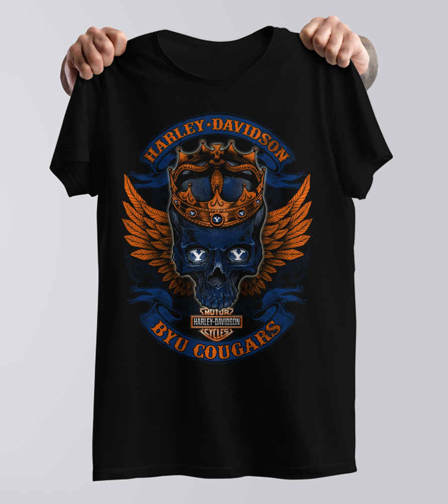 Harley Davidson Skull With Crown And Wings Byu Cougars T-Shirt