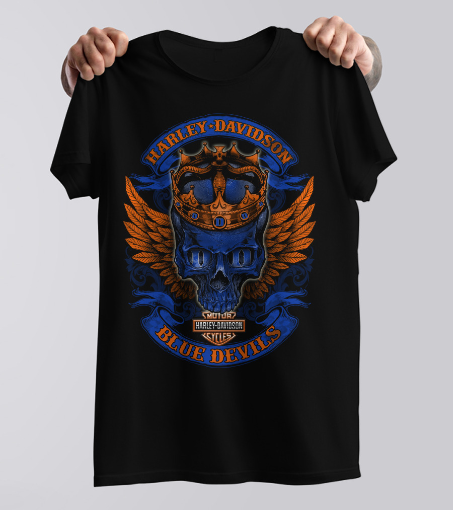 Harley Davidson Blue Devils Skull Crown Wings Motor Cycles T-Shirt