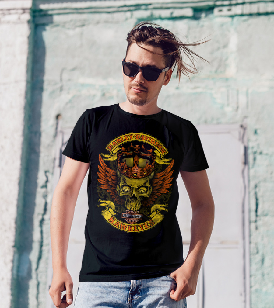 Harley Davidson Hawkeyes Skull Crown Wings T-Shirt