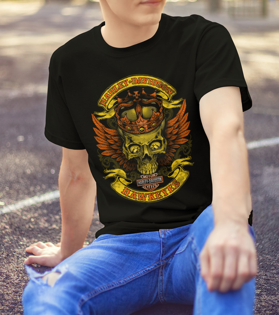 Harley Davidson Hawkeyes Skull Crown Wings T-Shirt