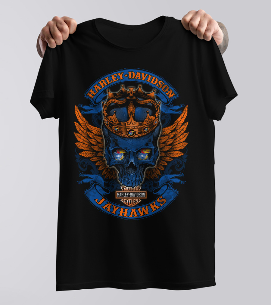 Harley Davidson Jayhawks Skull With Crown And Wings T-Shirt
