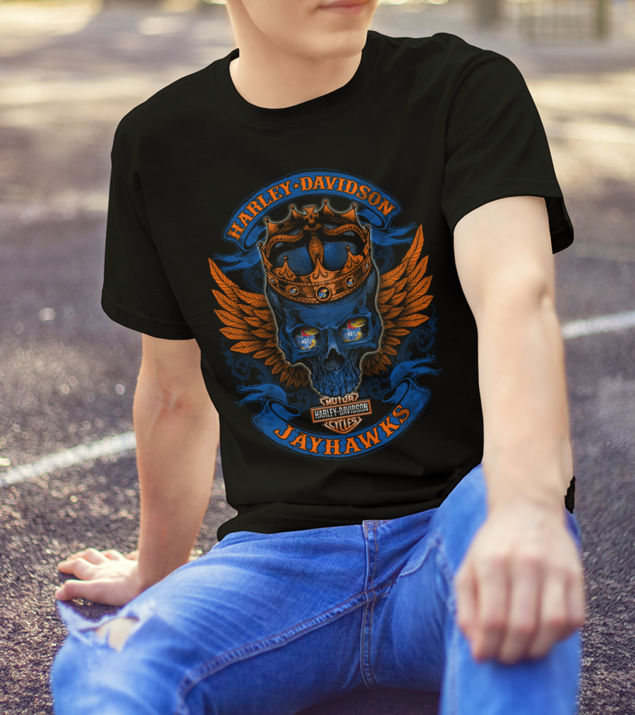 Harley Davidson Jayhawks Skull With Crown And Wings T-Shirt