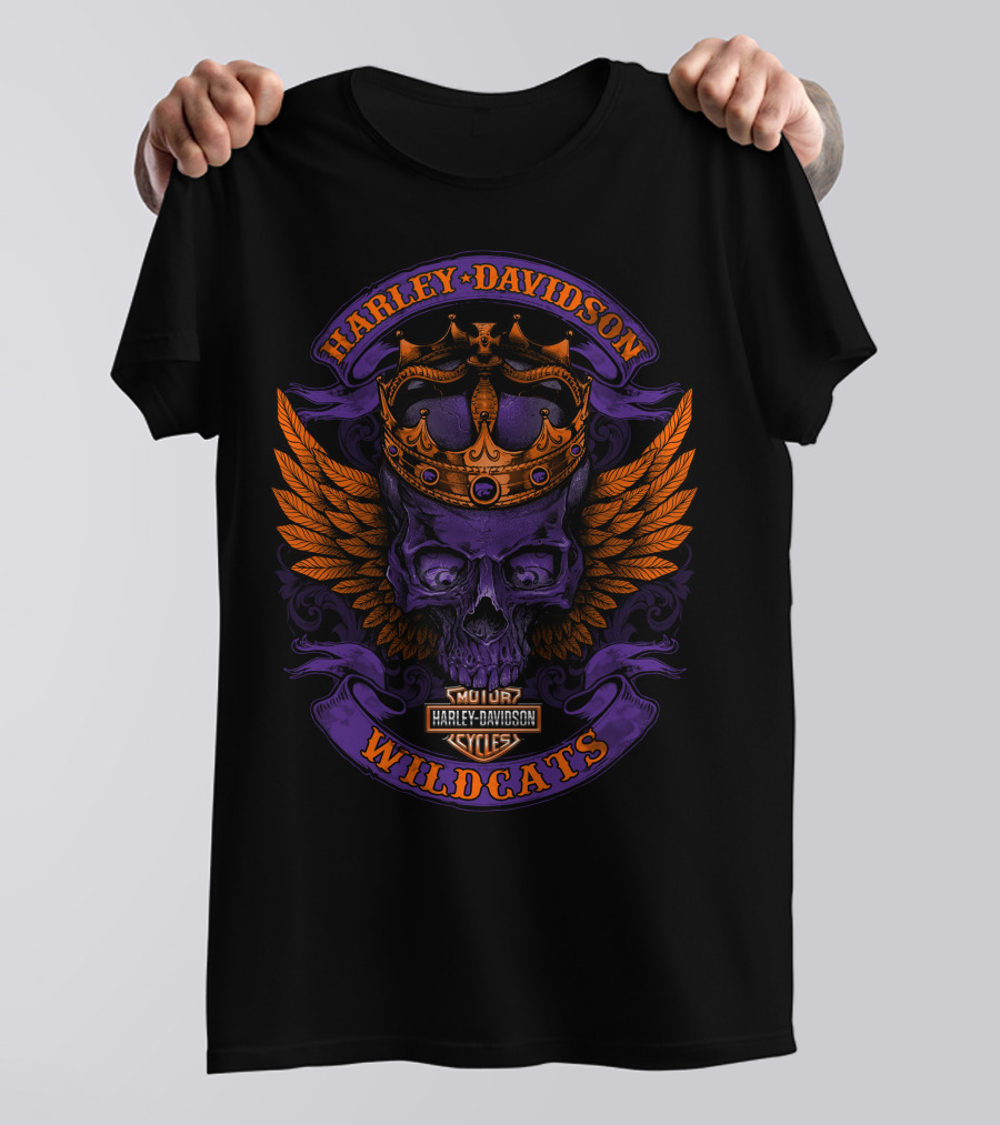 Harley Davidson Wildcats Skull With Crown And Wings T-Shirt