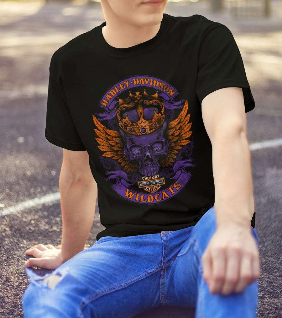 Harley Davidson Wildcats Skull With Crown And Wings T-Shirt