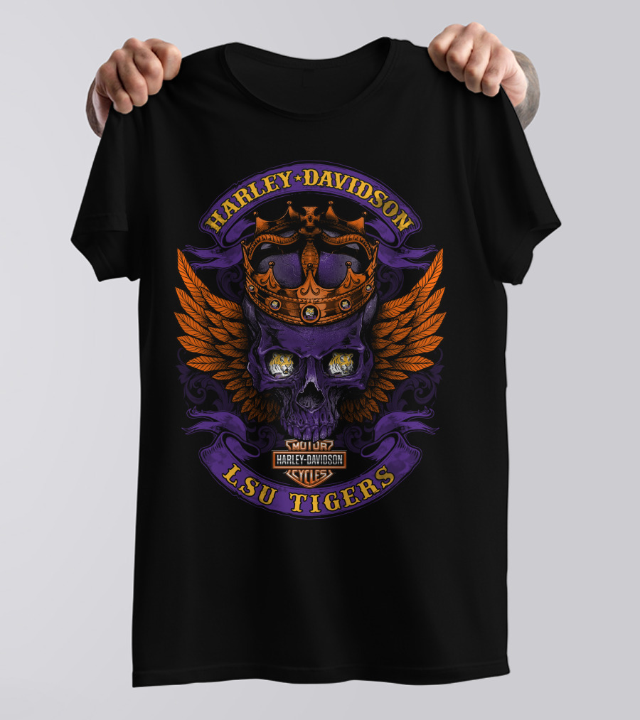 Harley Davidson Lsu Tigers Skull Crown Wings T-Shirt