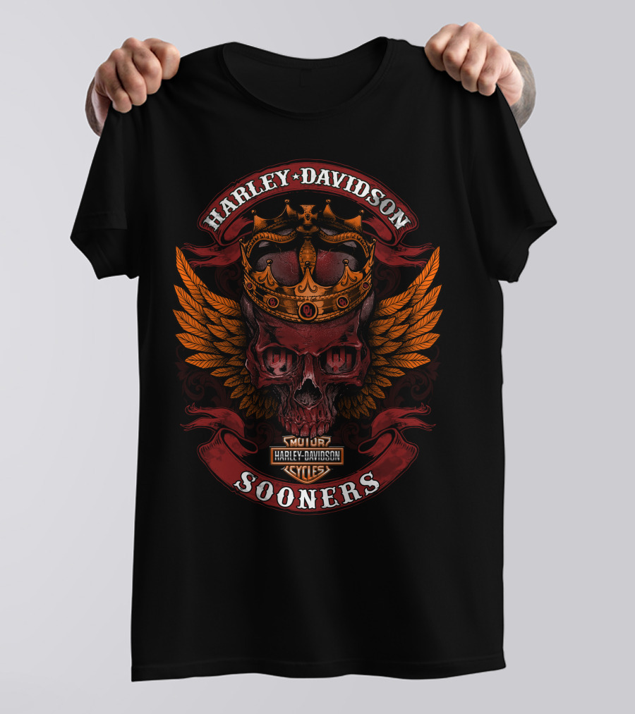 Harley Davidson King Skull Crown Wings Sooner Cycles T-Shirt