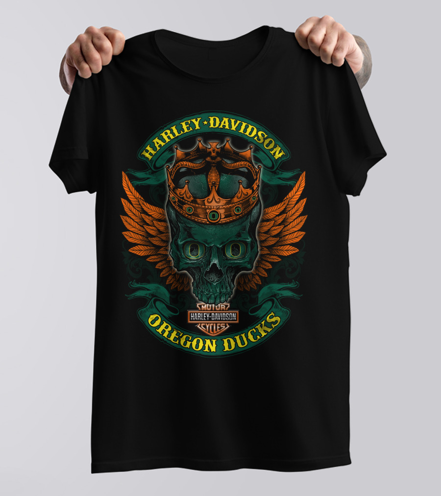 Harley Davidson Oregon Ducks Skull With Crown And Wings T-Shirt