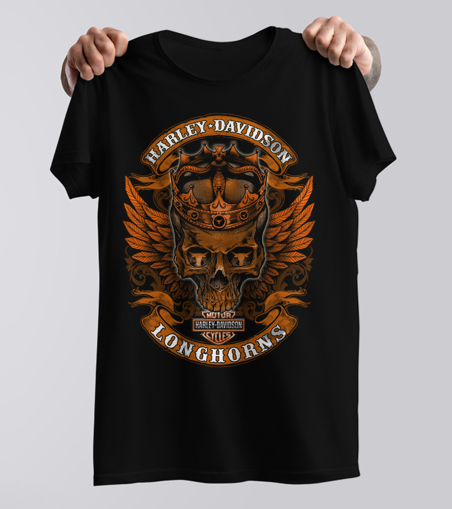 Harley Davidson Longhorns Skull Crown Wings T-Shirt
