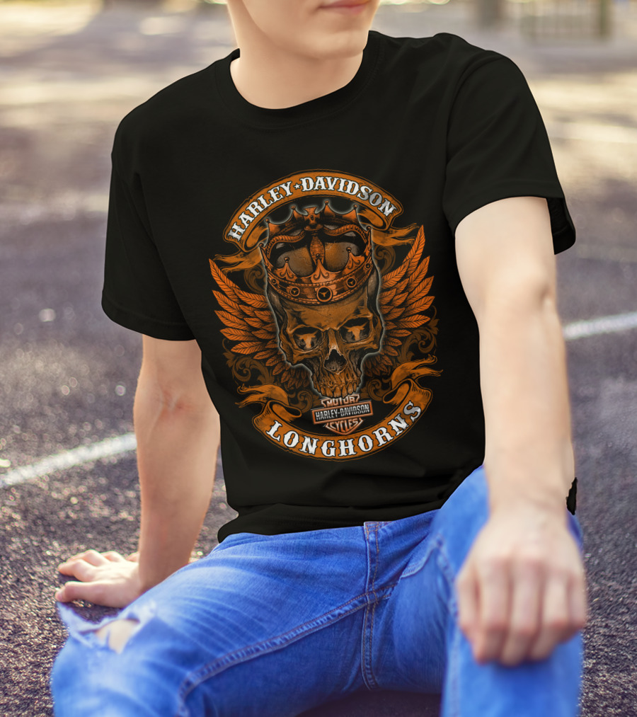 Harley Davidson Longhorns Skull Crown Wings T-Shirt