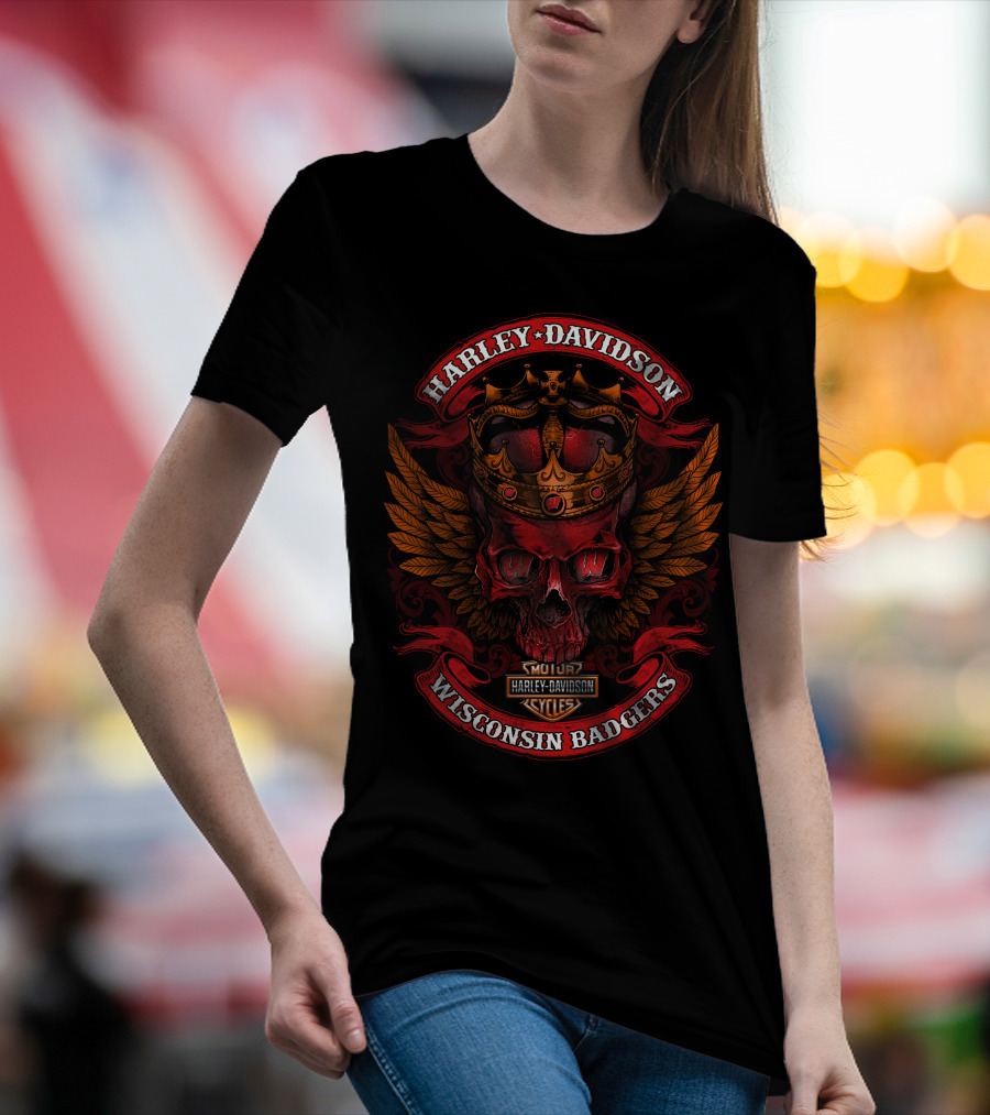 Harley Davidson Crowned Skull Wisconsin Badgers Mqt Cycles T-Shirt