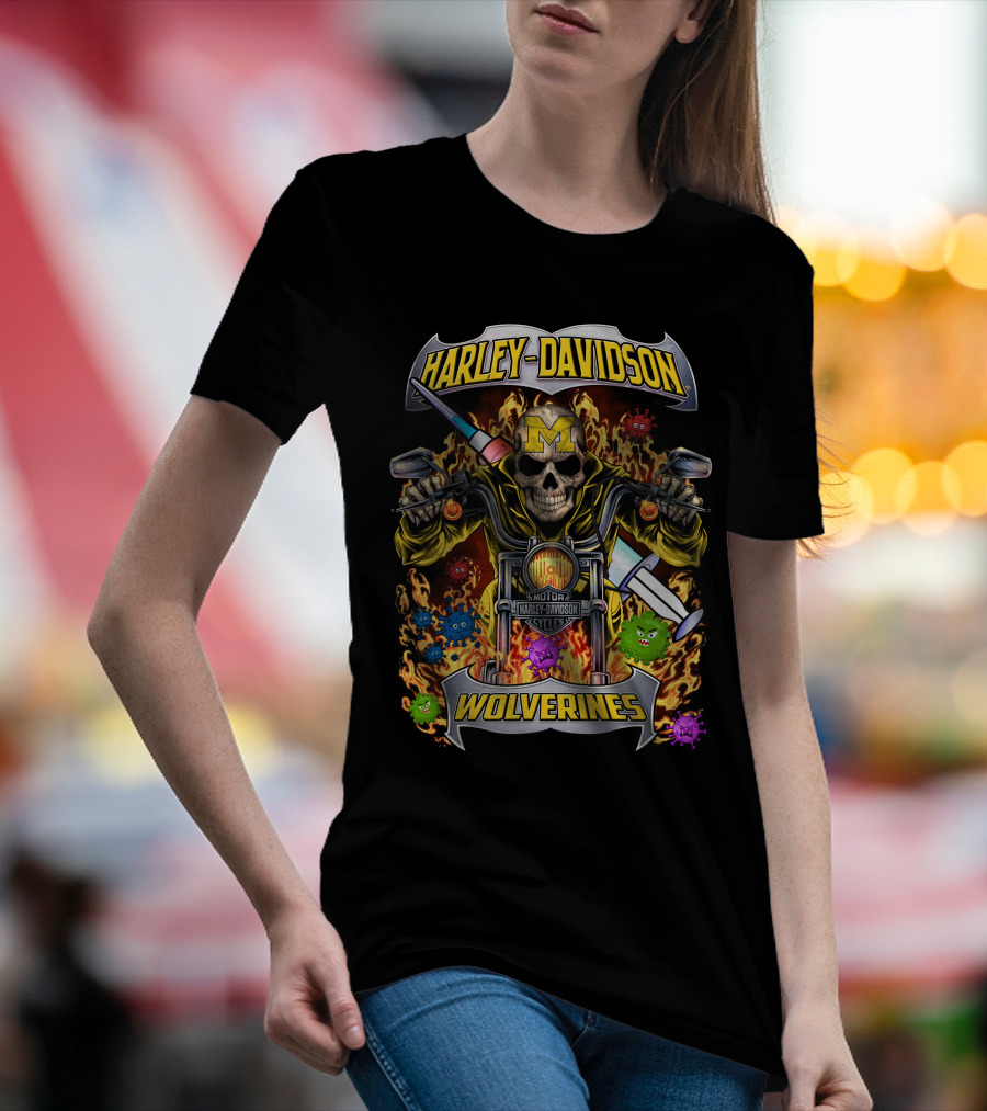 Harley Davidson Michigan Wolverines Skull Motorcycles T-Shirt