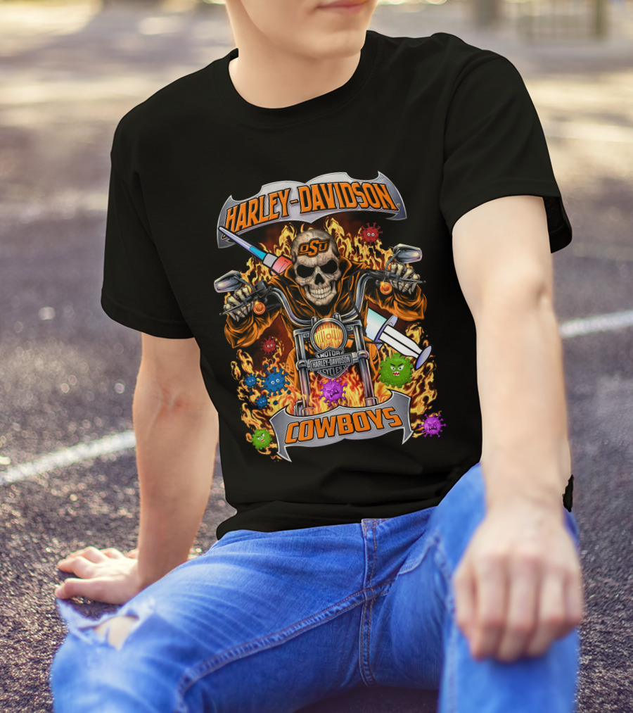 Harley Davidson Motorcycles Osu Cowboys Skull Flame T-Shirt