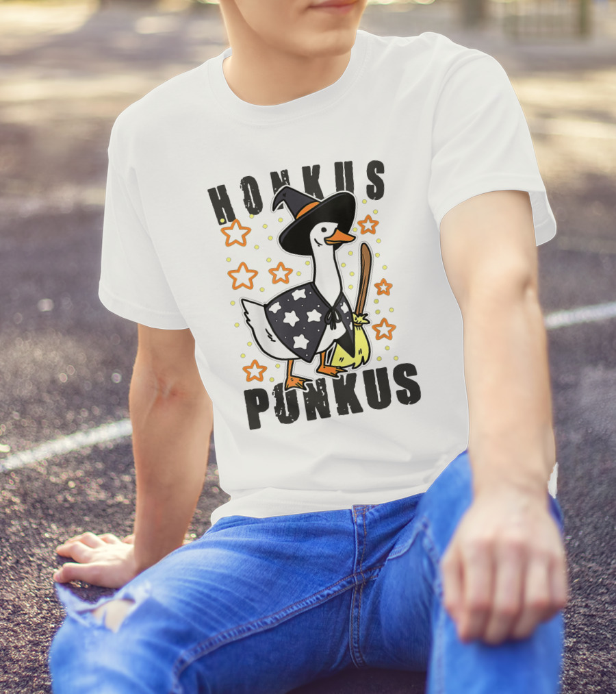 Honkus Ponkus Duck In Witch Costume With Stars And Broom T-Shirt