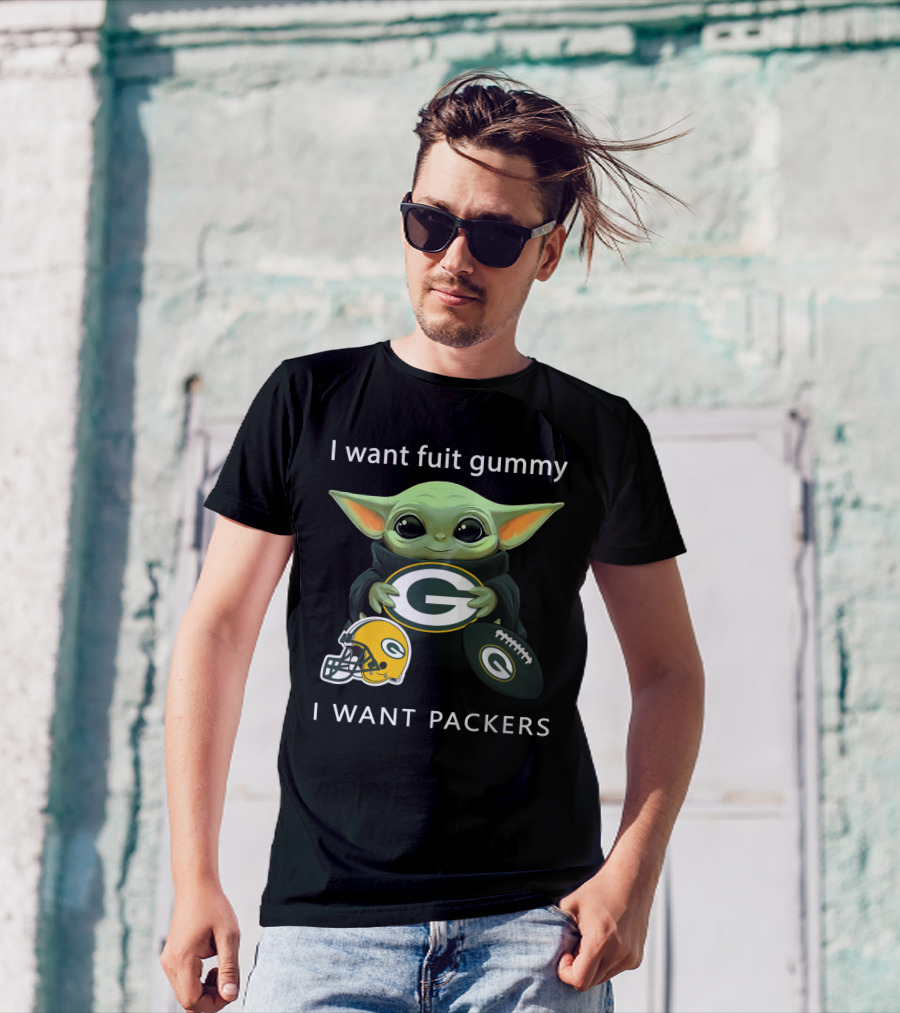 I Want Fruit Gummy I Want Packers Green Bay Packers Baby Yoda Helmet Football T-Shirt