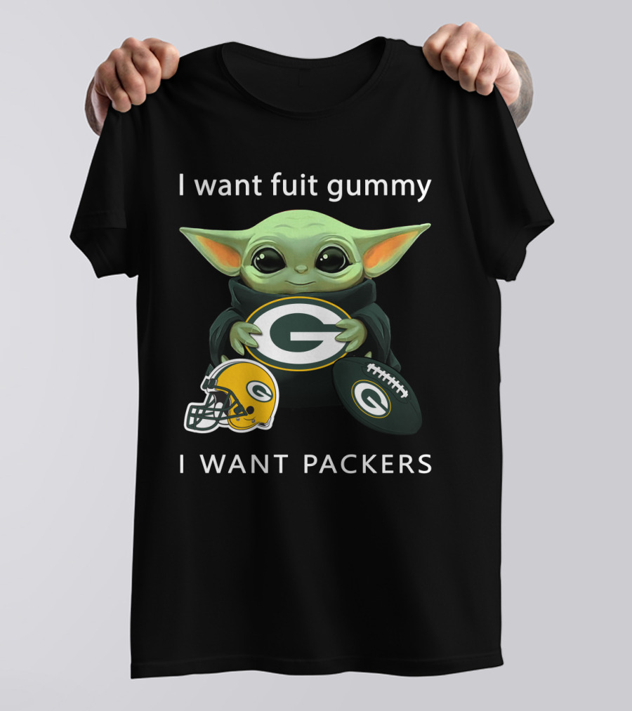 I Want Fruit Gummy I Want Packers Green Bay Packers Baby Yoda Helmet Football T-Shirt