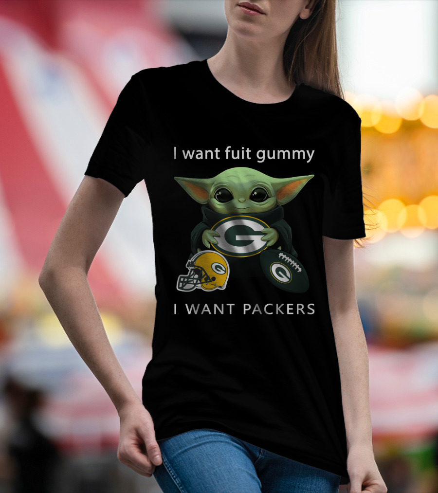 I Want Fruit Gummy I Want Packers Green Bay Packers Baby Yoda Helmet Football T-Shirt