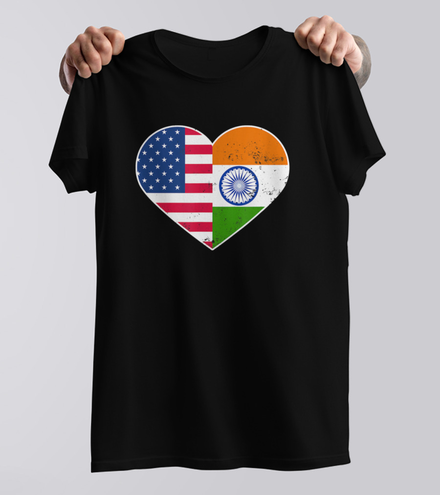 India Flag And American Flag Heart 4th Of July T-Shirt