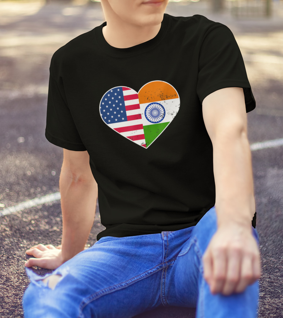 India Flag And American Flag Heart 4th Of July T-Shirt