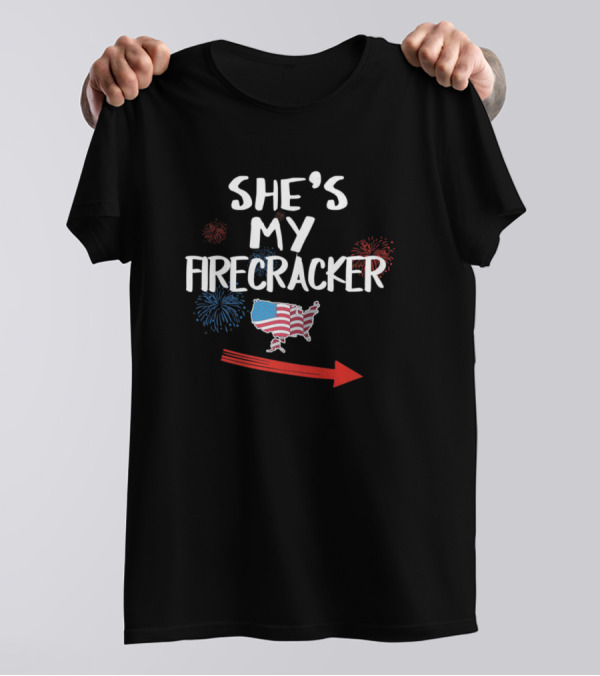 She's My Firecracker USA Flag Map Fireworks His And Hers Couple Matching T-Shirt