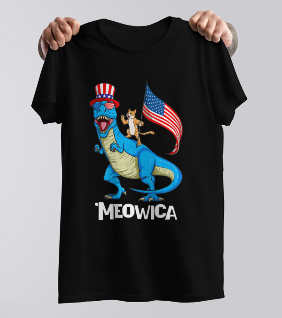 Meowica Patriotic Usa Cat Riding Trex Dinosaur With American Flag And Uncle Sam Hat T-Shirt