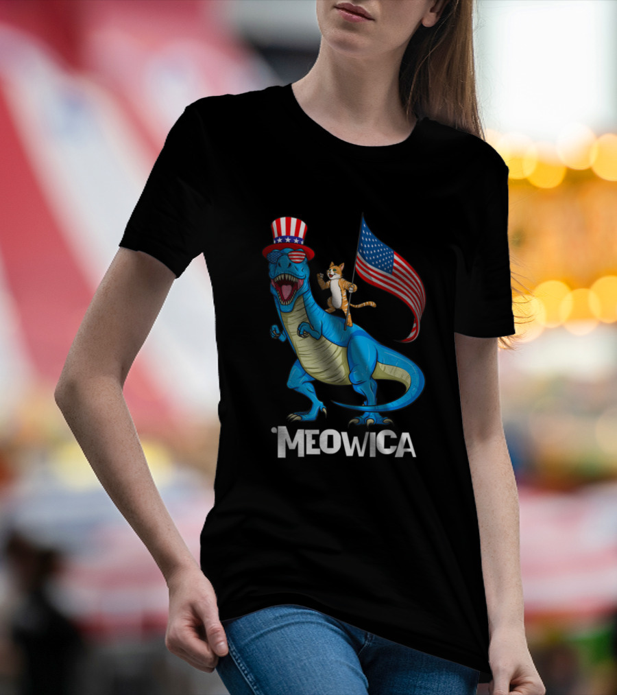 Meowica Patriotic Usa Cat Riding Trex Dinosaur With American Flag And Uncle Sam Hat T-Shirt