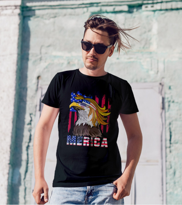 Merica 4th Of July Bald Eagle With USA Bandana And Mullet T-Shirt
