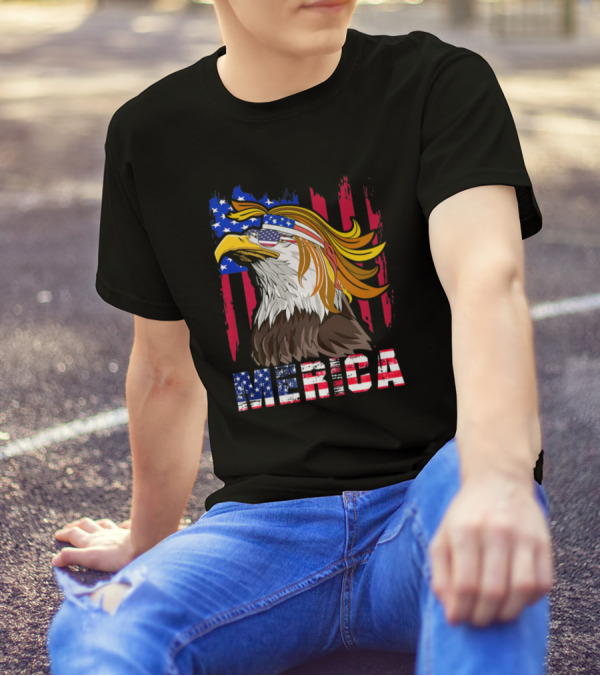 Merica 4th Of July Bald Eagle With USA Bandana And Mullet T-Shirt