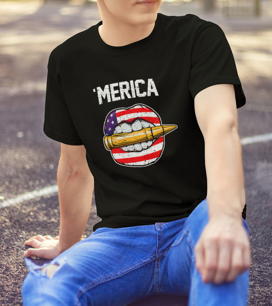 'Merica American Flag Bullet Lips Patriotic 4th Of July T-Shirt