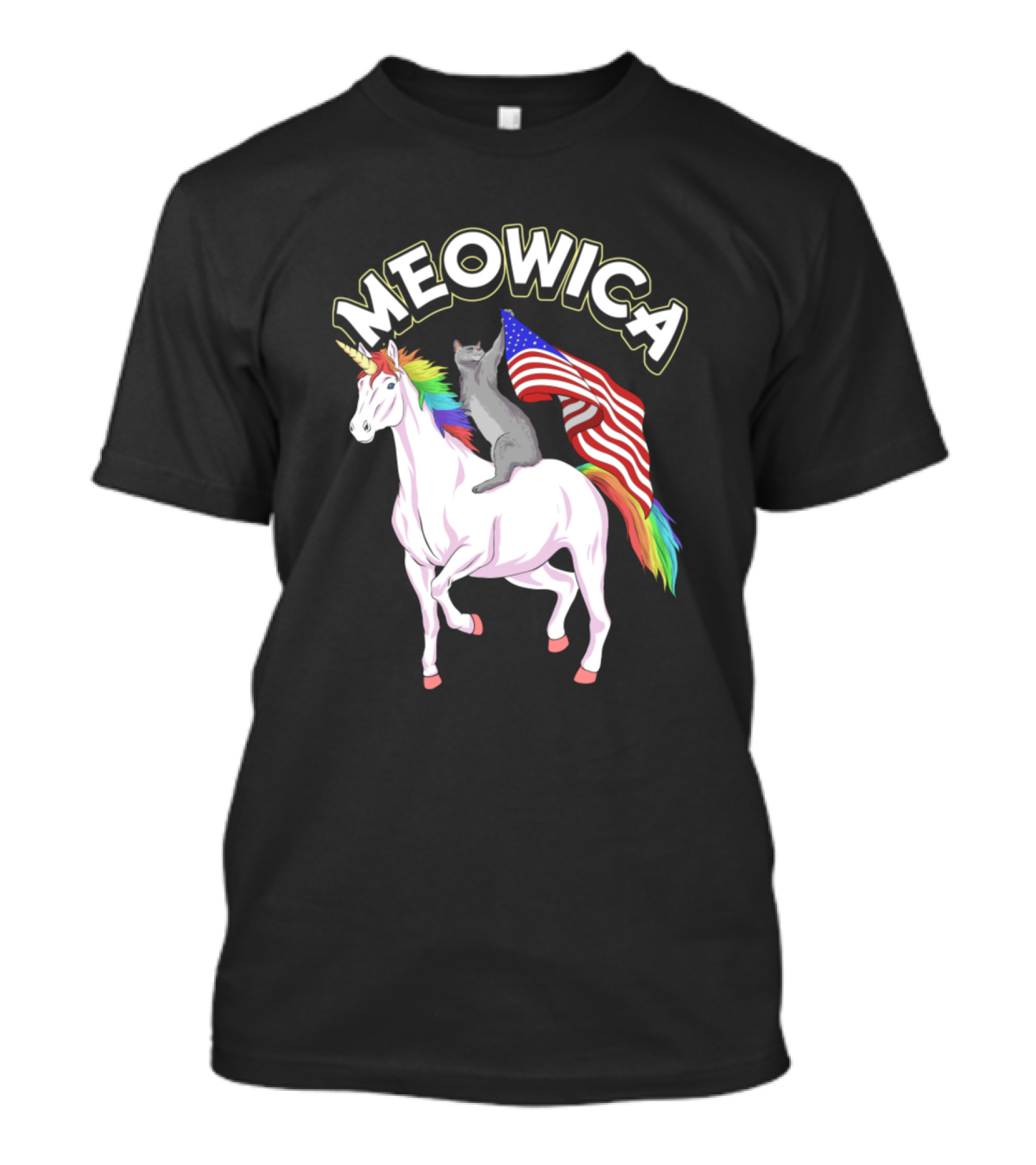 Meowica Cat Riding Unicorn With American Flag Rainbow Mane T-Shirt