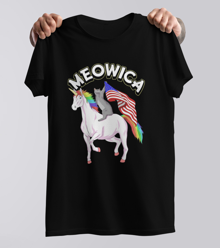 Meowica Cat Riding Unicorn With American Flag Rainbow Mane T-Shirt