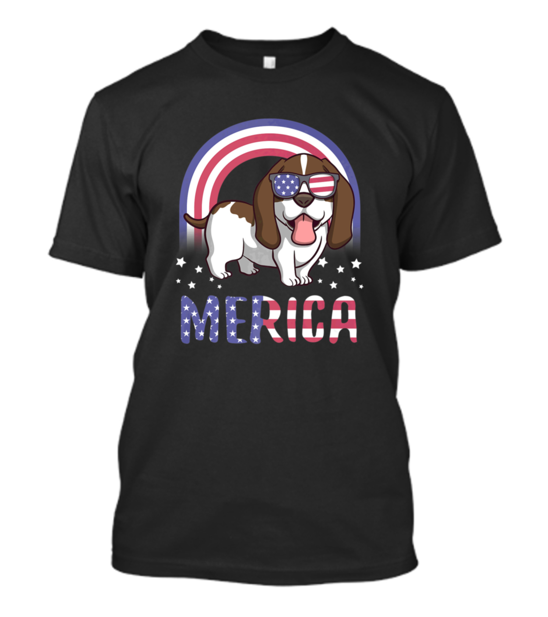 Merica Basset Hound Dog With USA American Flag Sunglasses And Stars T-Shirt