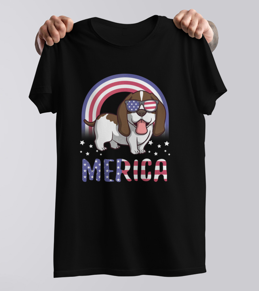Merica Basset Hound Dog With USA American Flag Sunglasses And Stars T-Shirt