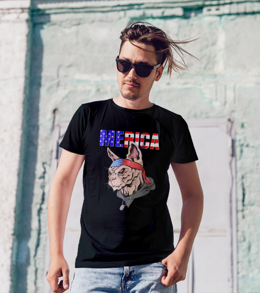 MERICA Cat Sphynx American Flag Bandana Dad Security T-Shirt