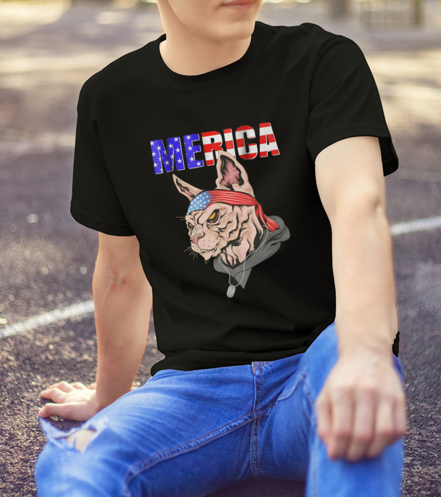 MERICA Cat Sphynx American Flag Bandana Dad Security T-Shirt