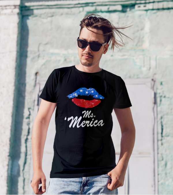 Ms Merica USA Flag Lips American Stars Stripes T-Shirt